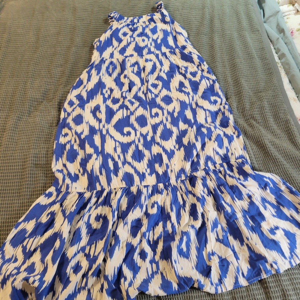 Evereve Women Dress XS Blue Rayon Ikat Tiered Maxi Summer Vacation - Picture 6 of 7